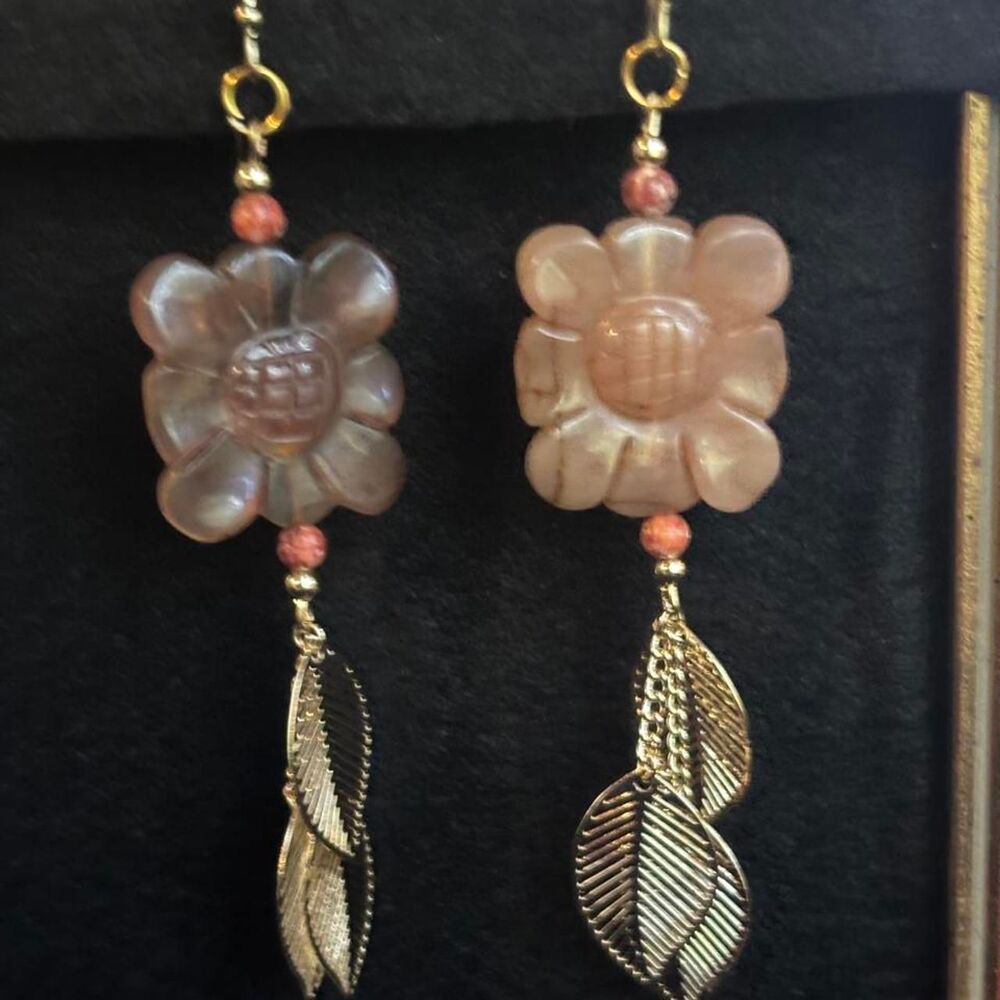 Handmade Carved Gem Flower Earrings